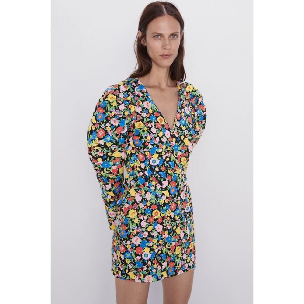 Zara Floral Print Mini Dress with Puffed Sleeves - Picture 1 of 5